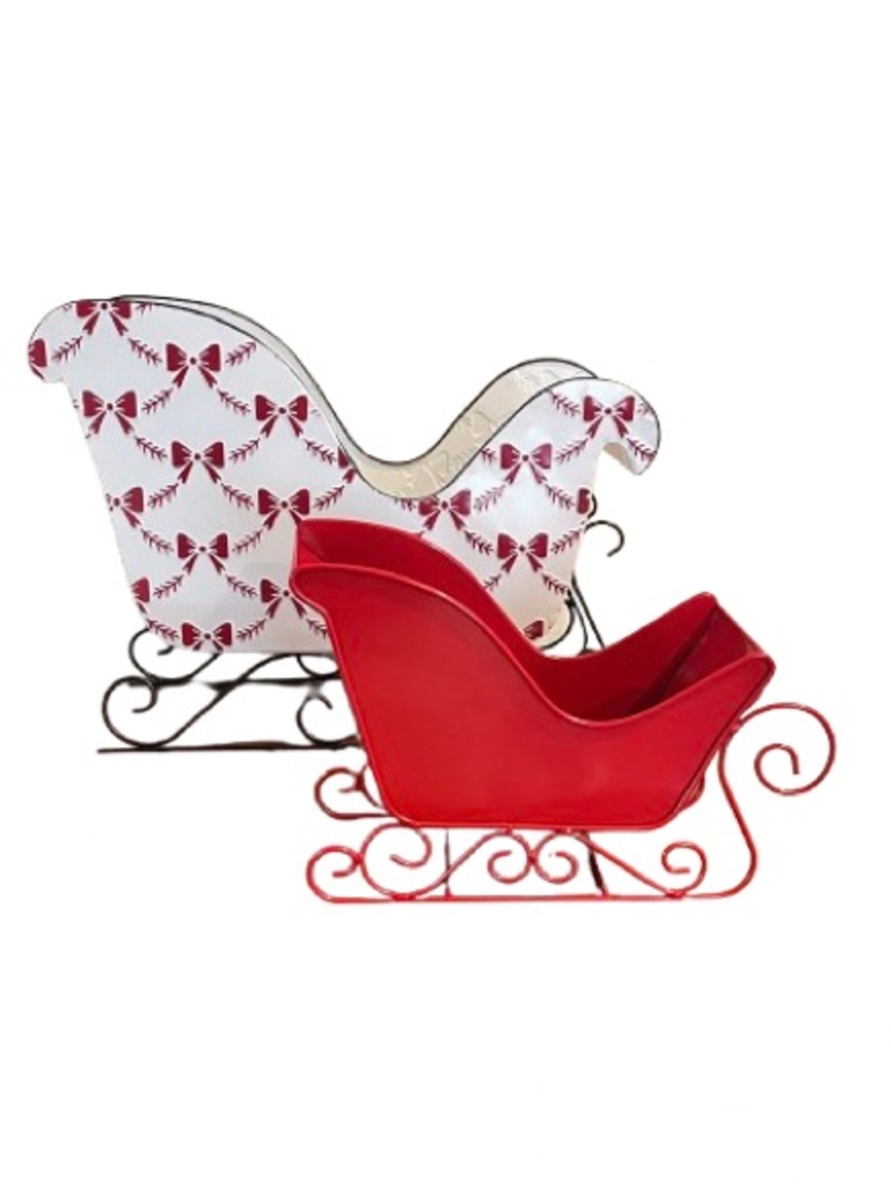 🆕- Set of 2 Christmas Decorative Red Bow & Solid Red Metal Sleighs
